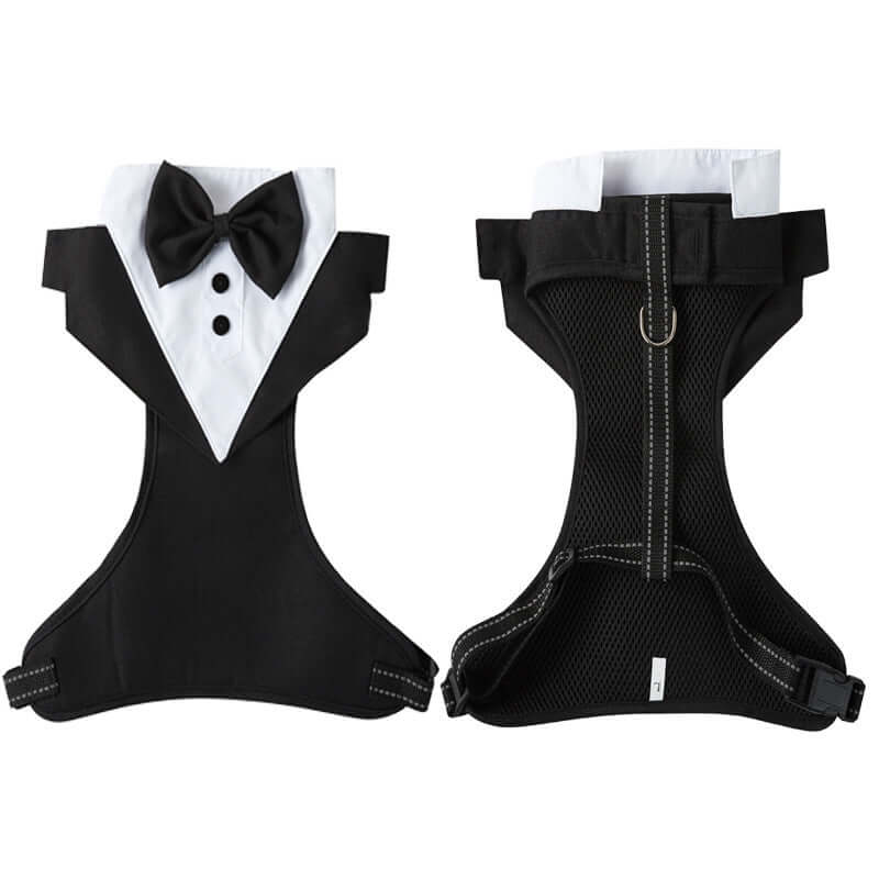 Harnais antidérapant pour chien en forme de smoking avec nœud papillon pour un look élégant.