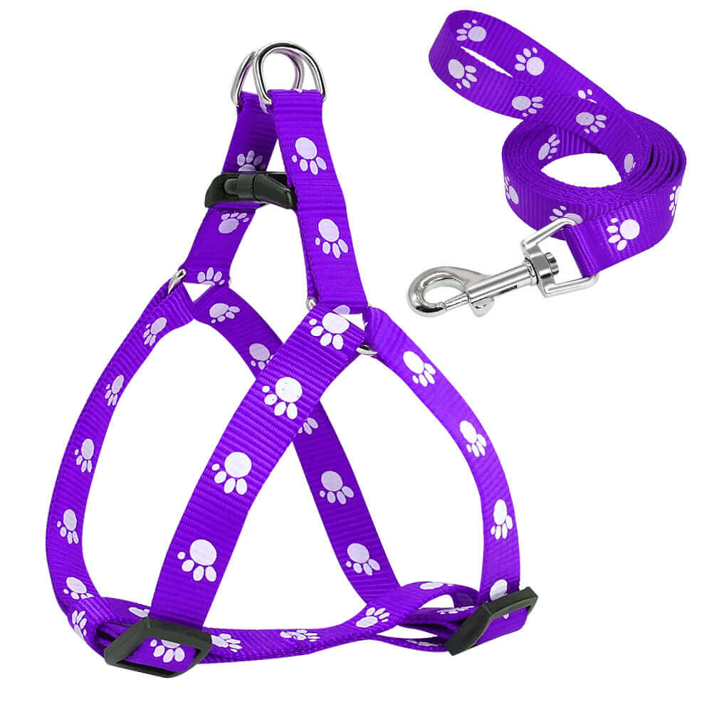 Laisse pour chien imprimée avec harnais ajustable violet et motifs pattes blanches, idéale pour petites et moyennes tailles.