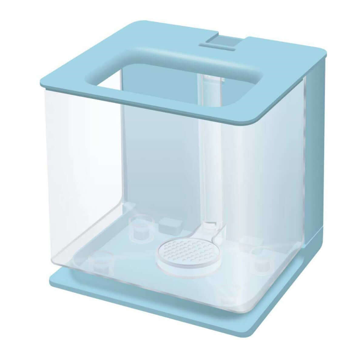 Mini aquarium auto-nettoyant AquaClean en couleur bleue, idéal pour petits espaces, dimensions 18x17x16.5CM.
