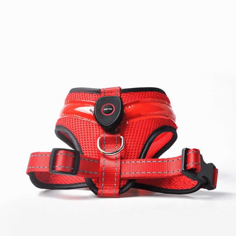 Harnais LED Luminieux pour chien en rouge avec charge USB et design ergonomique, accessoire de sécurité.