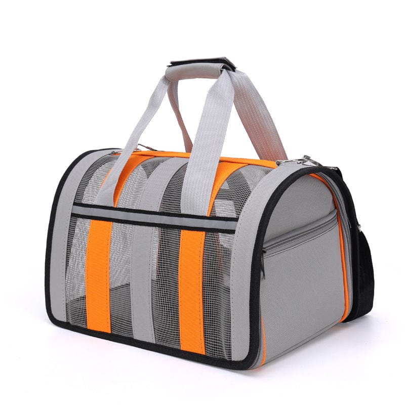 Sac à dos pour chat portable et extérieur en gris et orange, idéal pour vos excursions avec votre animal.