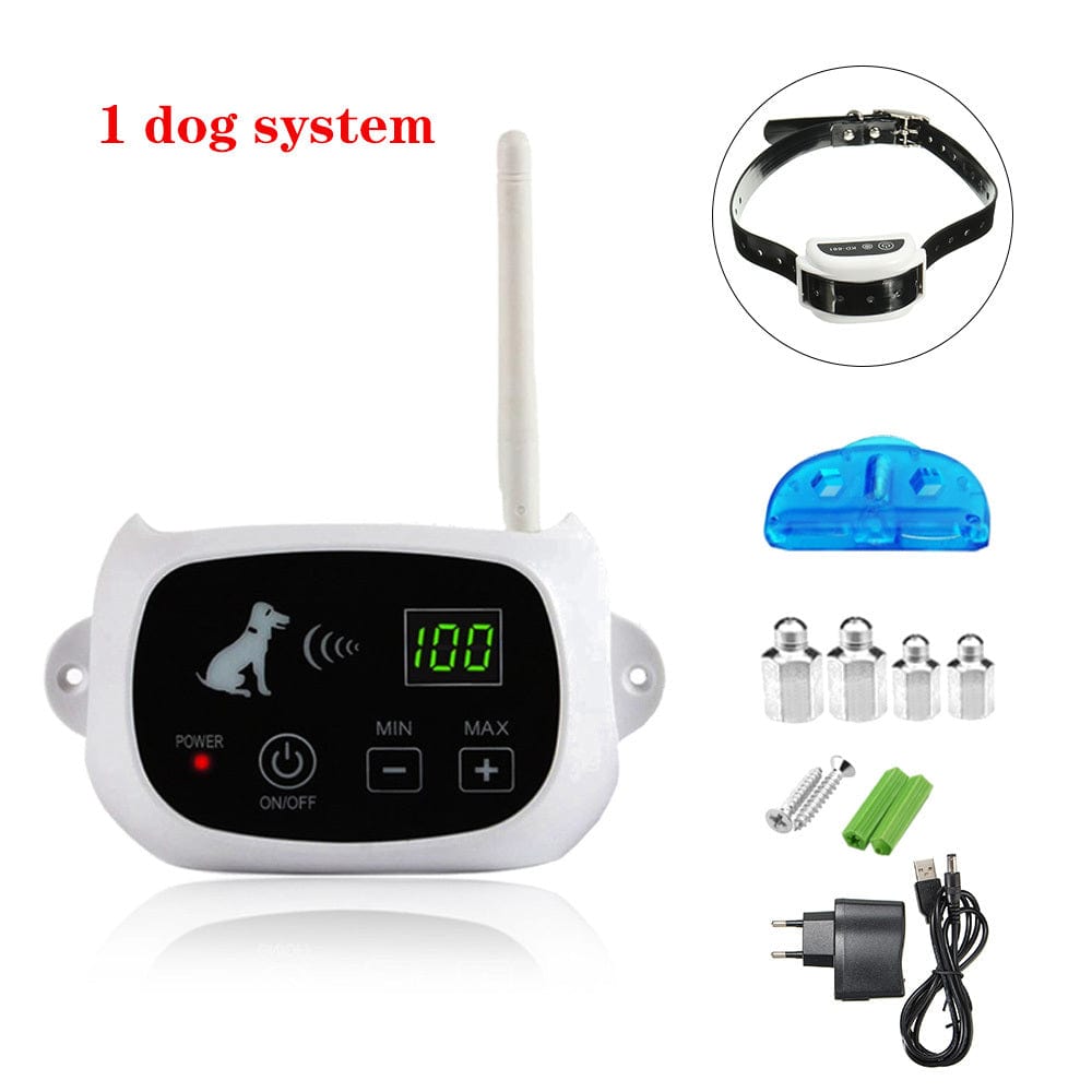 Système de clôture électronique sans fil pour chien avec collier, alimenté par batterie, pour sécurité animale.