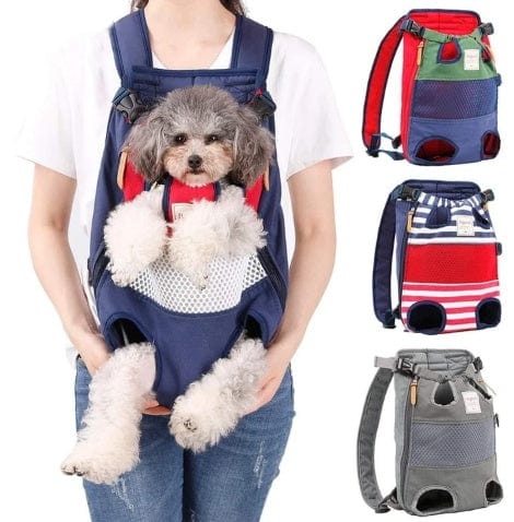 Sac à dos pour animaux de compagnie avec un chien à l'intérieur, montrant différentes options de transport.