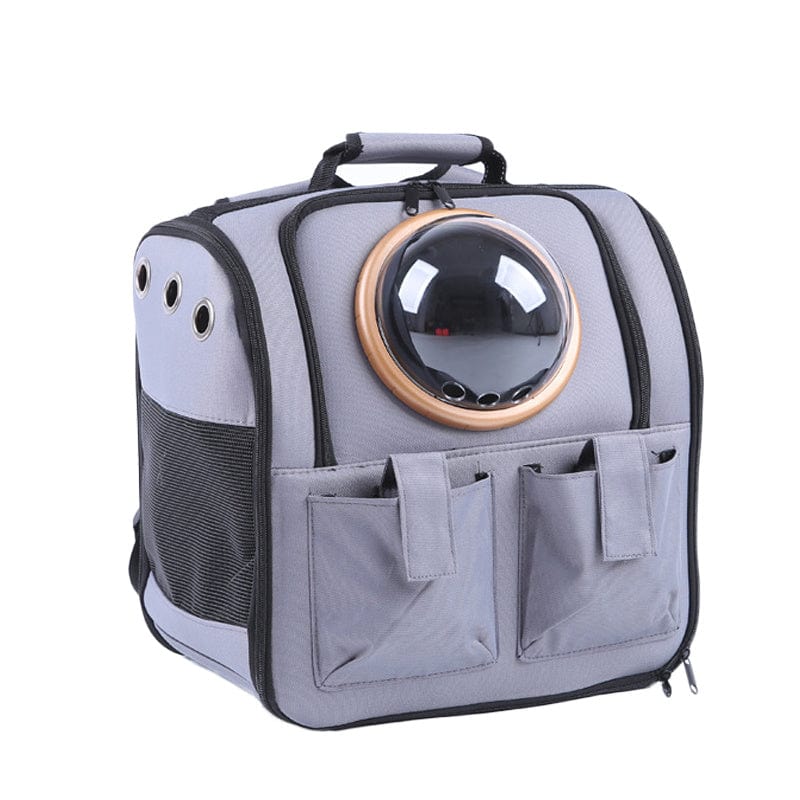 Sac à dos espace pour animaux de compagnie en gris avec fenêtre et poches pour accessoires.