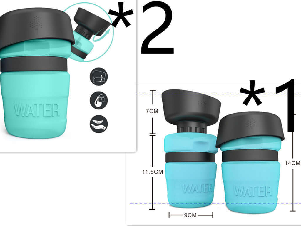 Bouteille d'eau pétillante pour animaux de compagnie en silicone, bleu ciel, dimensions et détails affichés.