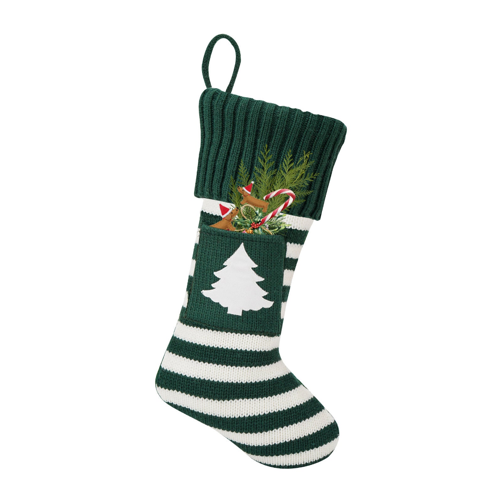 Chaussette de Noël verte avec motifs d'arbre, idéale pour les cadeaux de fêtes pour chiens et chats.