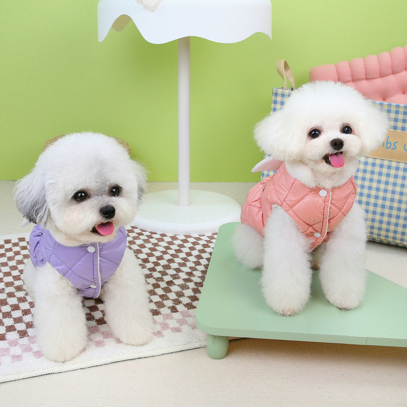 Pet dogs wearing cute thick cotton skirts in pink and purple, perfect for small breeds and stylish occasions.