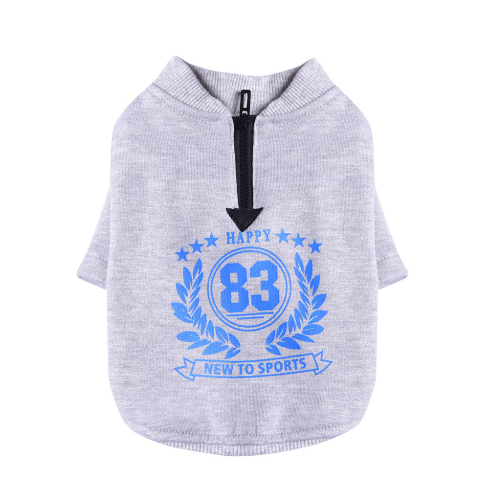 Pull pour chien en coton gris avec imprimé bleu, coupe décontractée, parfait pour les jours frais.