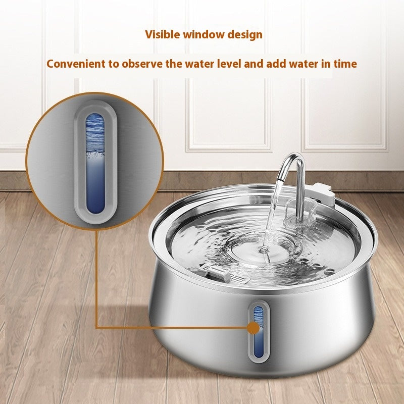 Distributeur d'eau en inox avec fenêtre visible pour contrôler le niveau d'eau, idéal pour animaux de compagnie.