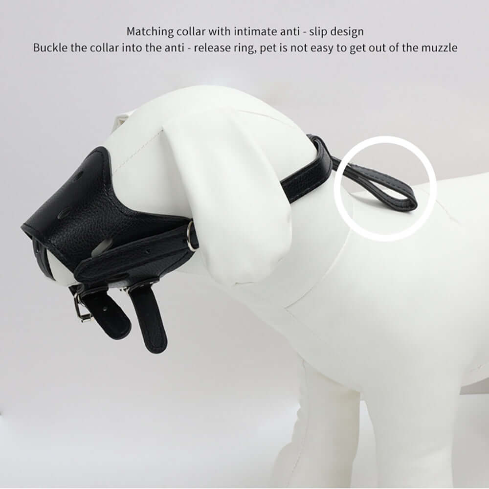 Muselière en cuir confortable pour chien avec collier anti-glisse, design pratique et respirant.