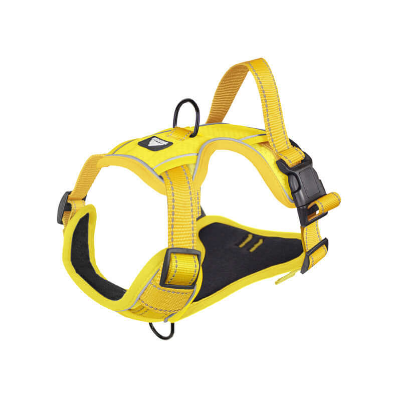 Harnais réfléchissant pour chien en jaune, léger et robuste, idéal pour les promenades en toute sécurité.