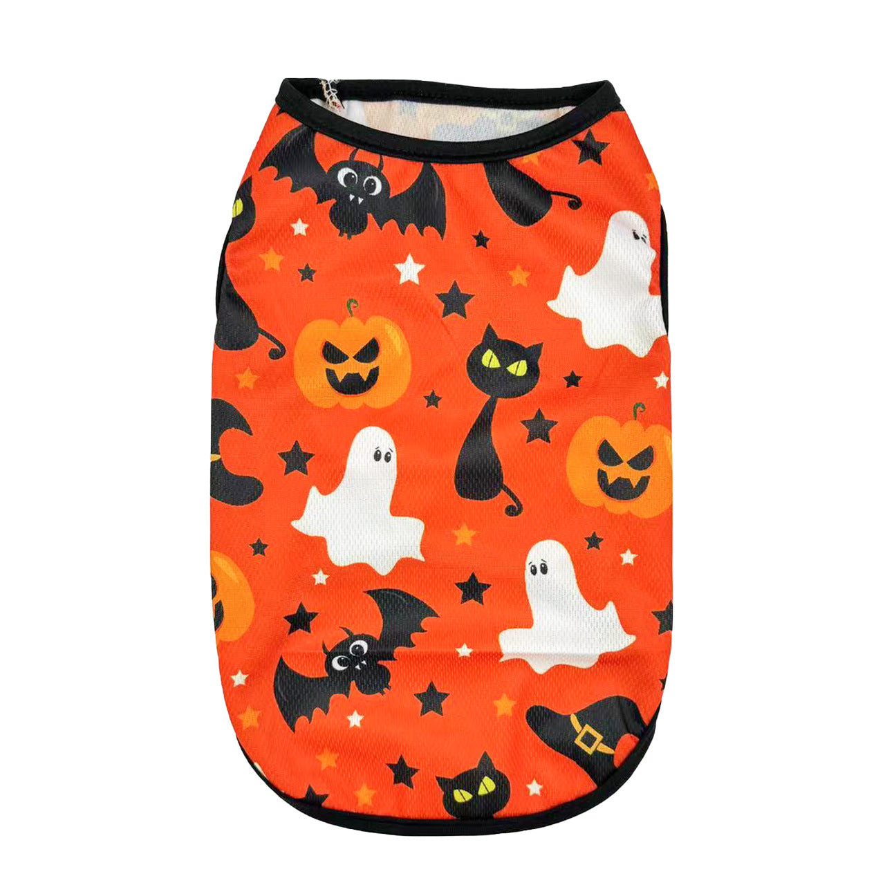 Costume d'Halloween pour chien avec motifs de fantômes, citrouilles et chauves-souris sur fond orange.