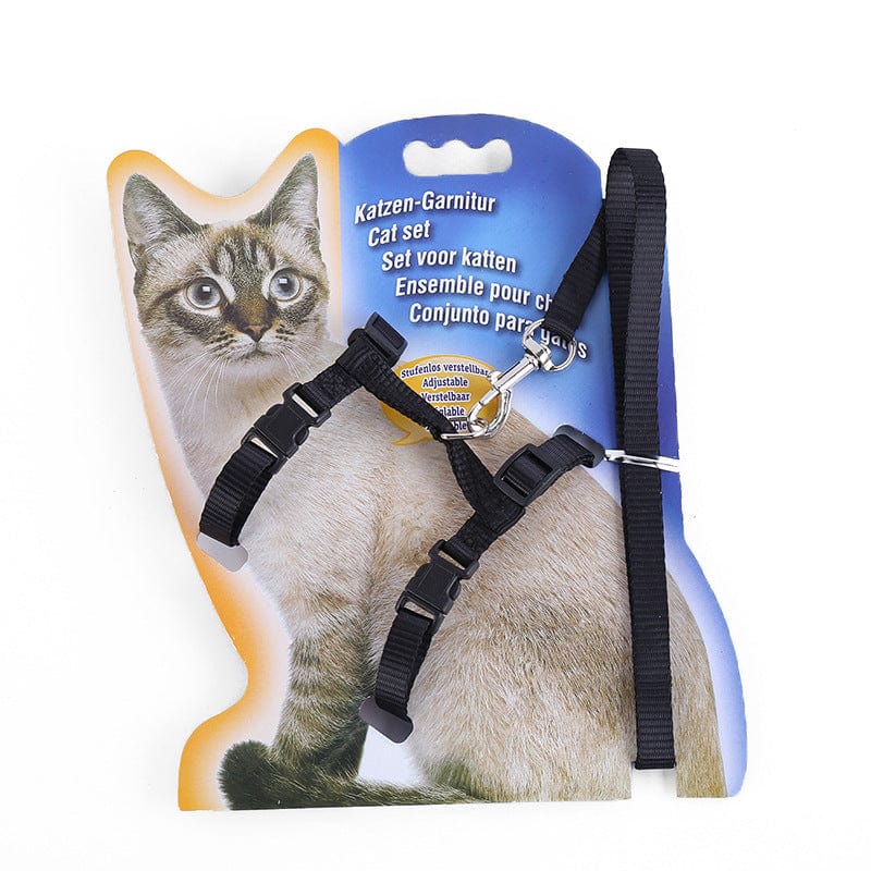 Harnais en nylon noir pour chats avec emballage, idéal pour promenades confortables et sécurisées.