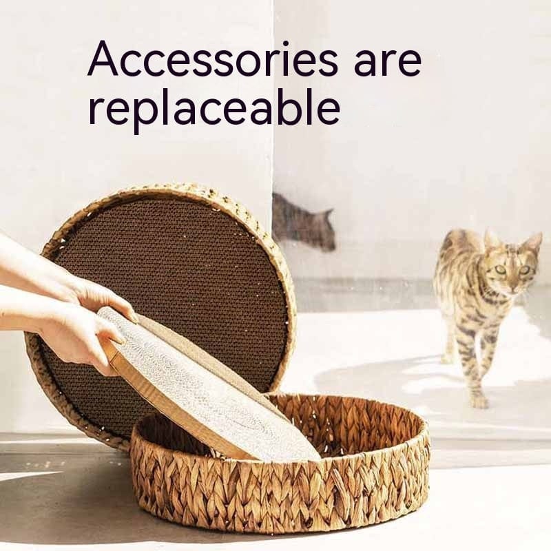 Person replacing a scratching pad in a woven rattan cat bed with a visible cat in the background.