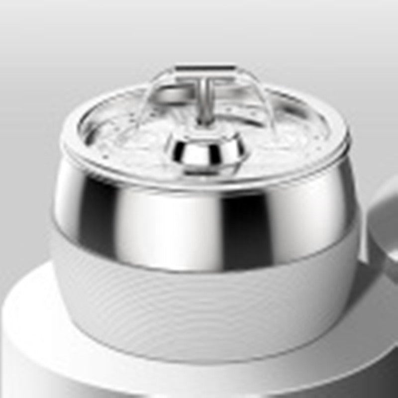 Distributeur d'eau en acier inoxydable pour animaux, design élégant avec couvercle transparent.