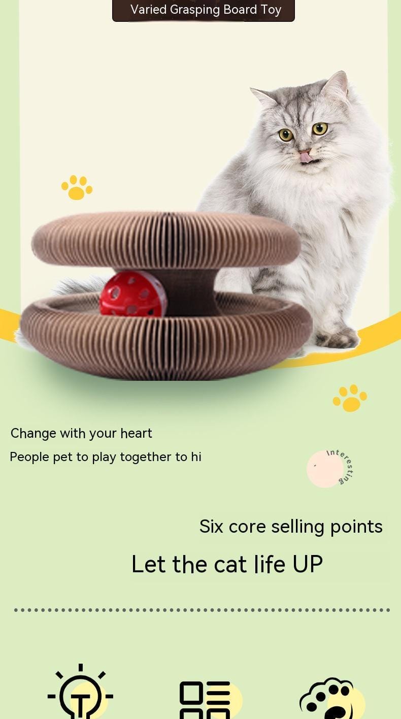 Planche à gratter magnétique en papier ondulé pour chat, jouet interactif avec trackballs pour un amusement félin.