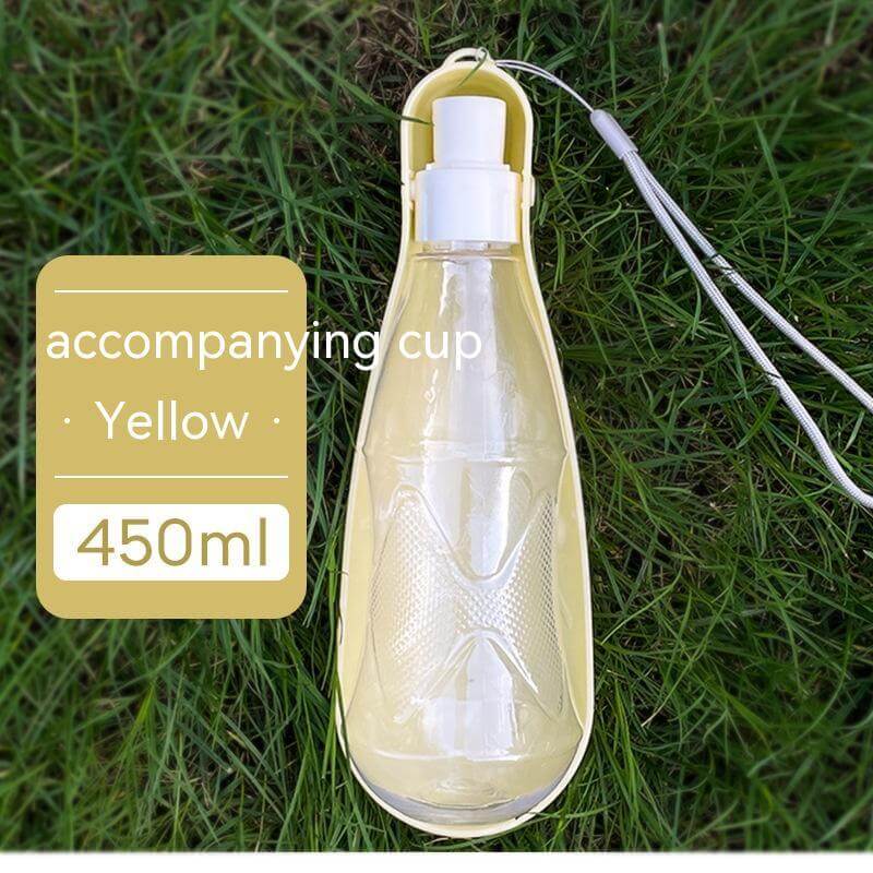 Gourde pour chien pliable jaune de 450ml avec gobelet, parfaite pour les activités en plein air.