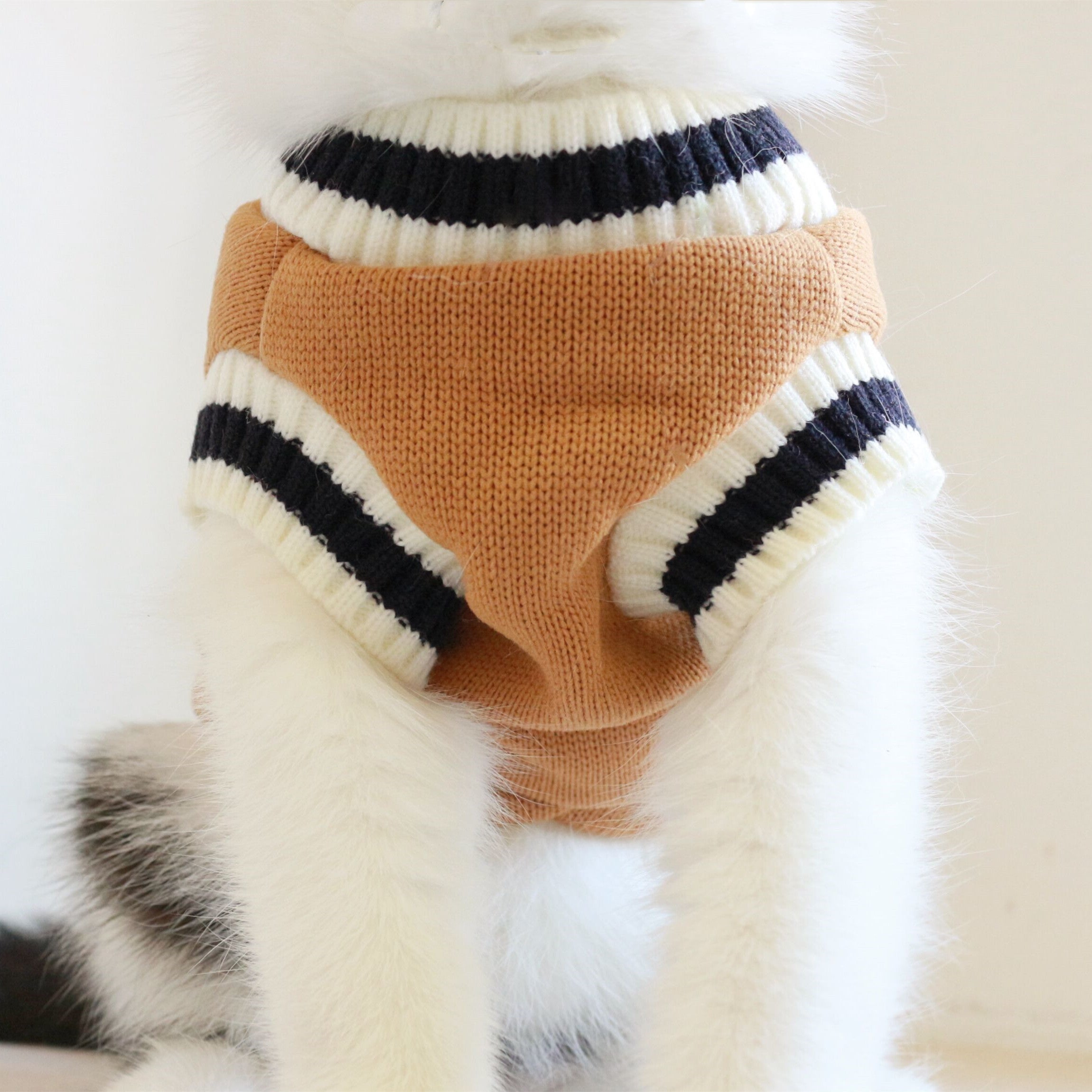 Gilet sans manches en laine pour chat avec détails à rayures, beige et noir, style américain.