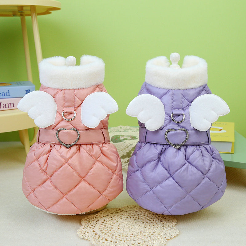 Jupe en coton épais pour petits chiens avec ailes, disponible en rose et violet, style décontracté.