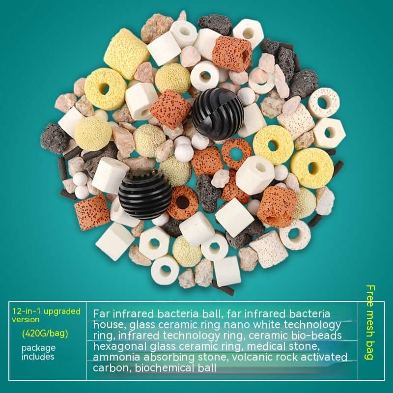 Matériau de filtration pour aquarium, céramique 12-en-1, efficace pour qualité d'eau optimale.