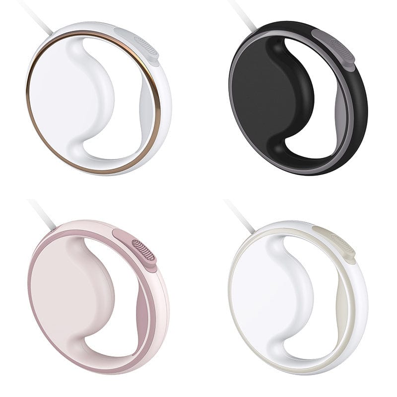 Laisse à chien rétractable avec éclairage automatique en quatre couleurs: blanc, noir, rose et beige.