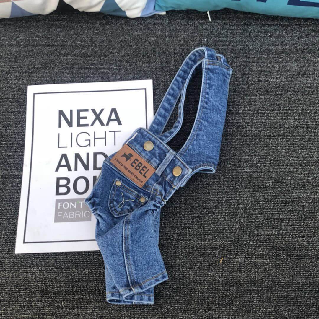 Pantalons salopette en denim pour chiens, avec porte-étiquette en cuir. Idéal pour le style et le confort des animaux.
