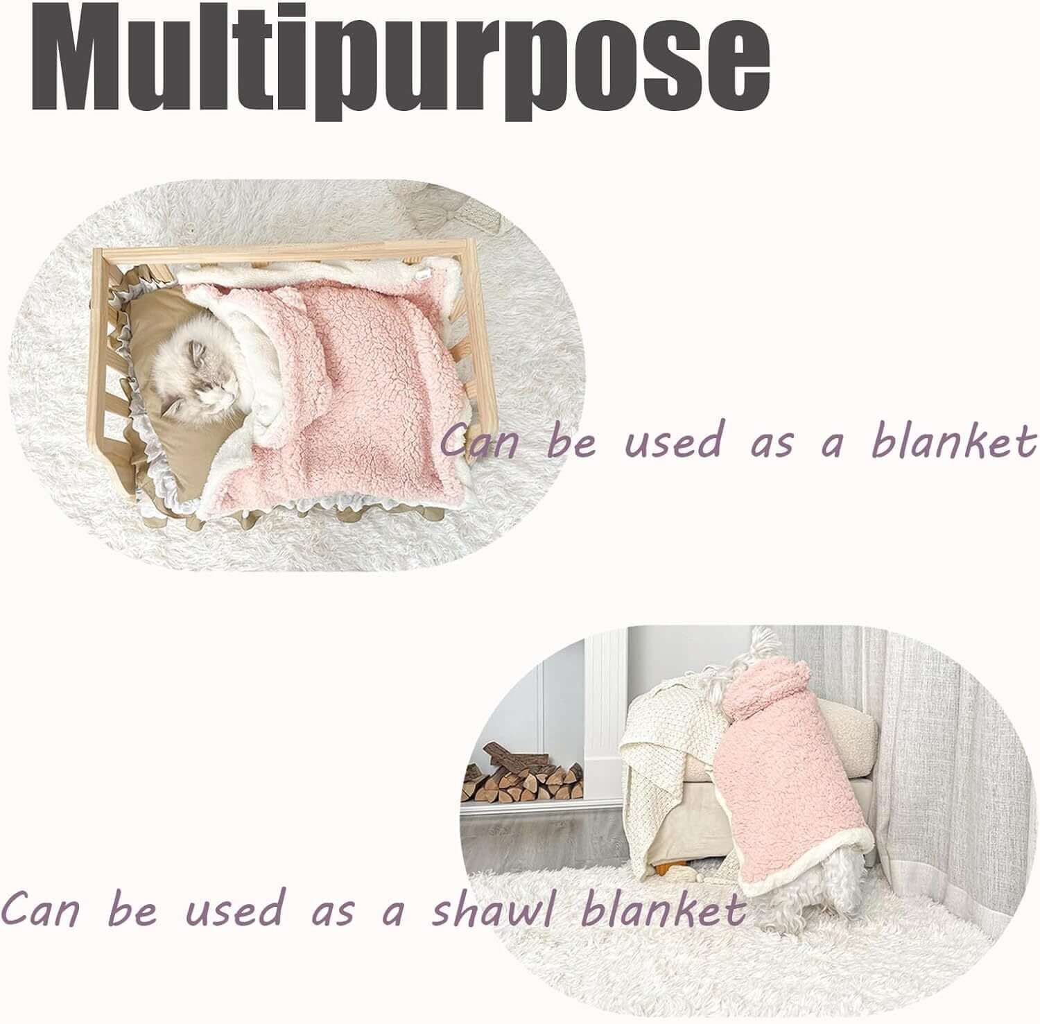 Multipurpose soft blanket shown in two uses: as a pet blanket and a shawl blanket for warmth and comfort.