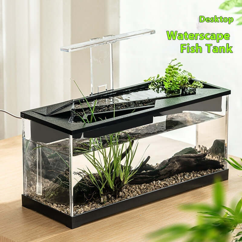 Aquarium intégré en acrylique avec éclairage et plantes aquatiques sur un bureau.