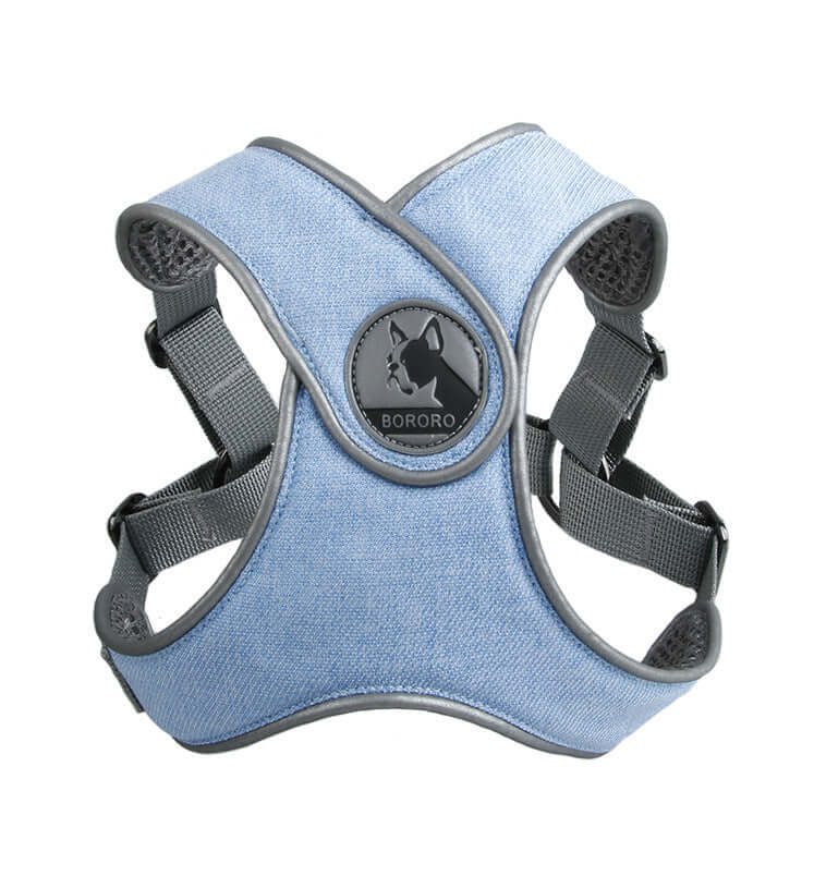 Harnais respirant en denim pour chiens petits et moyens, léger et confortable, design élégant pour un style moderne.