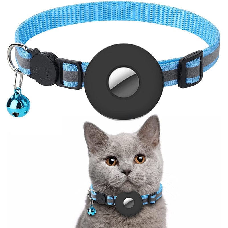 Collier pour animaux avec Airtag et cloche, idéal pour le suivi GPS des chats et chiens, design léger en bleu.