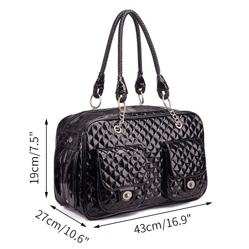 Sac à dos noir en PVC pour animaux de compagnie avec poches pratiques et anses élégantes.