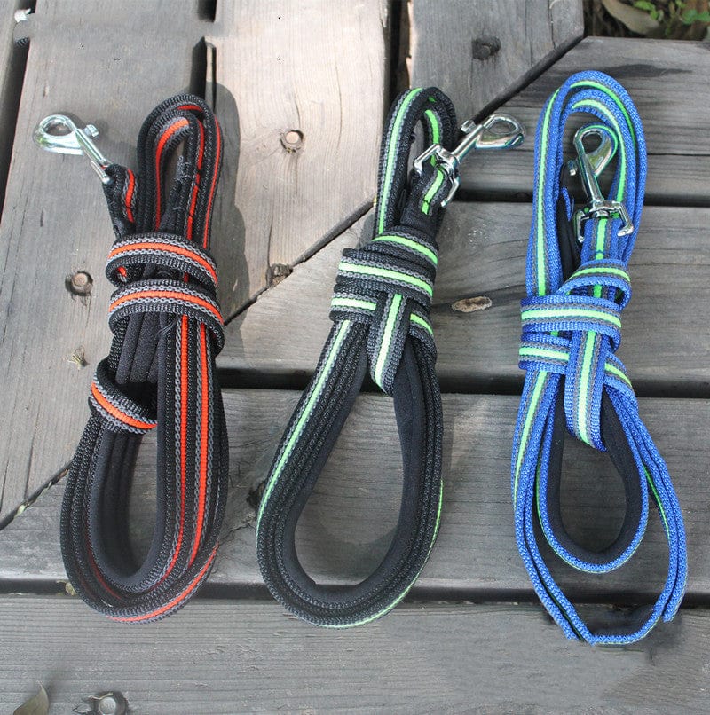 Ensemble de laisses pour chien en matériaux antidérapants, disponibles en plusieurs couleurs sur fond de bois.