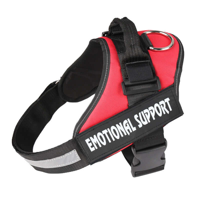 Harnais de poitrine pour chien en nylon rouge avec étiquette "Emotional Support" et bandoulières réglables.
