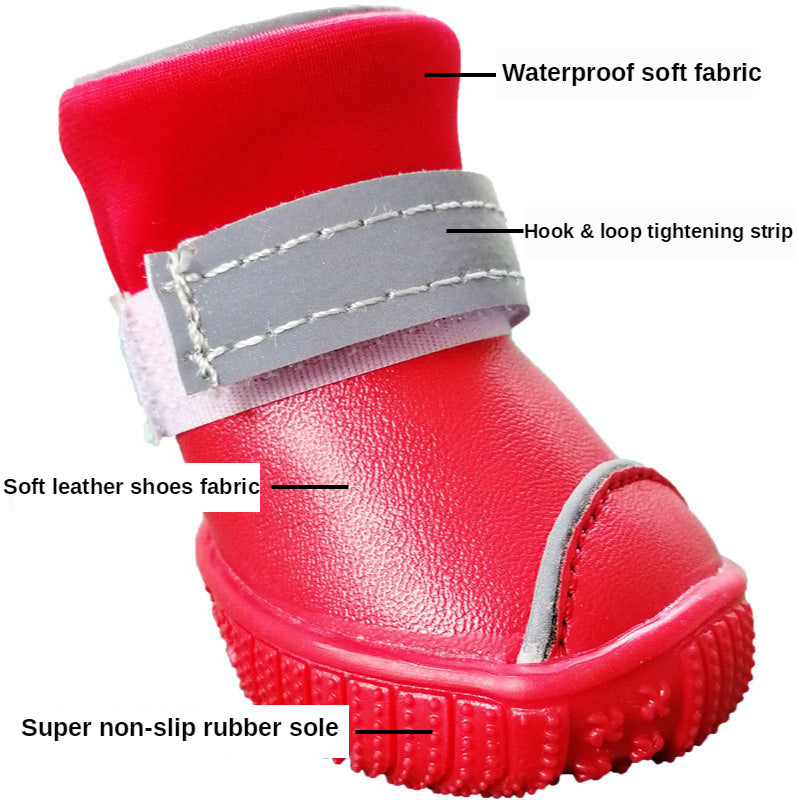 Bottes de pluie étanches pour petits chiens en matériau PU, avec semelle antidérapante et bandes velcro.