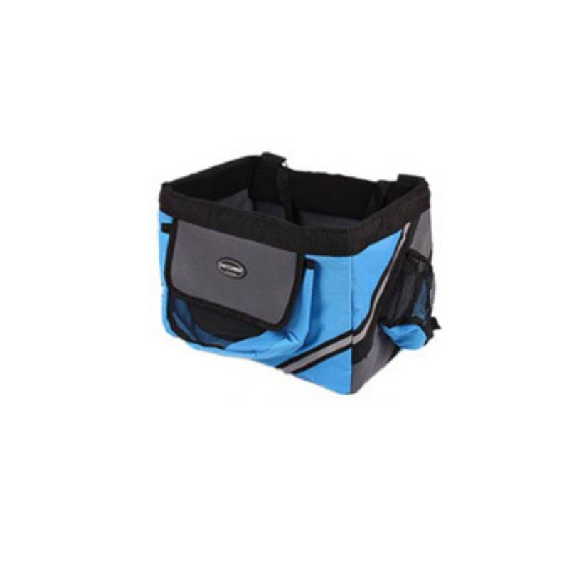 Sac de transport pour animaux de compagnie à vélo en bleu et noir, idéal pour chiens et chats jusqu'à 6 kg.