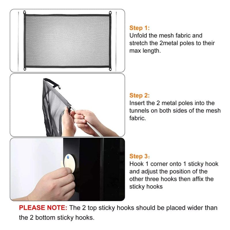 Instructions for setting up a portable mesh dog fence with step-by-step guide.
