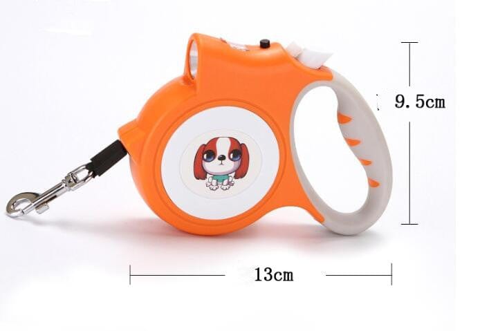 Laisse automatique lumineuse orange pour chien, 13 cm x 9,5 cm, idéale pour promenades nocturnes.