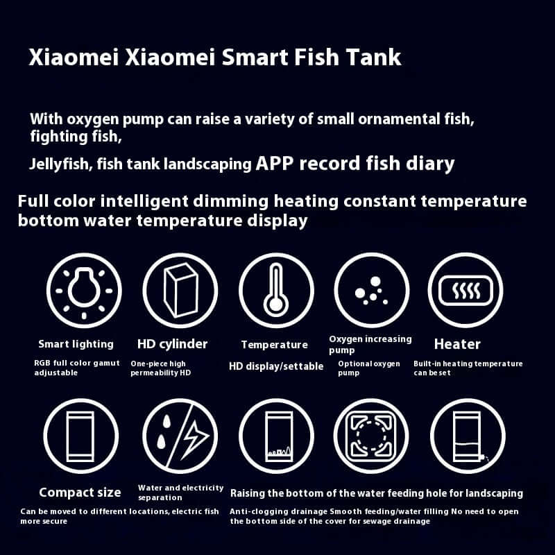 Xiaomi Smart Fish Tank features: smart lighting, HD cylinder, temperature display, compact design, oxygen pump, and heating.