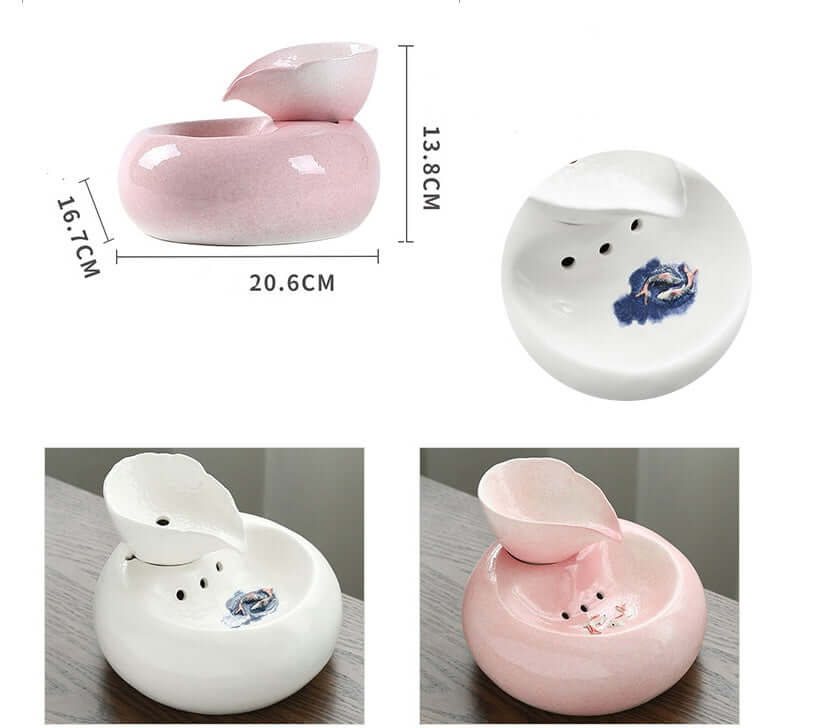 Distributeur d'eau automatique pour chat en porcelaine blanc et rose, élégant et fonctionnel à domicile.