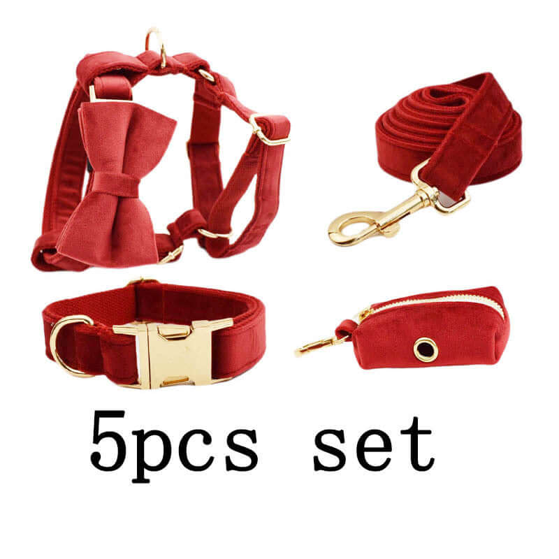 Collier pour chien rouge avec noeud papillon, laisse, sac et accessoires - 5 pièces.