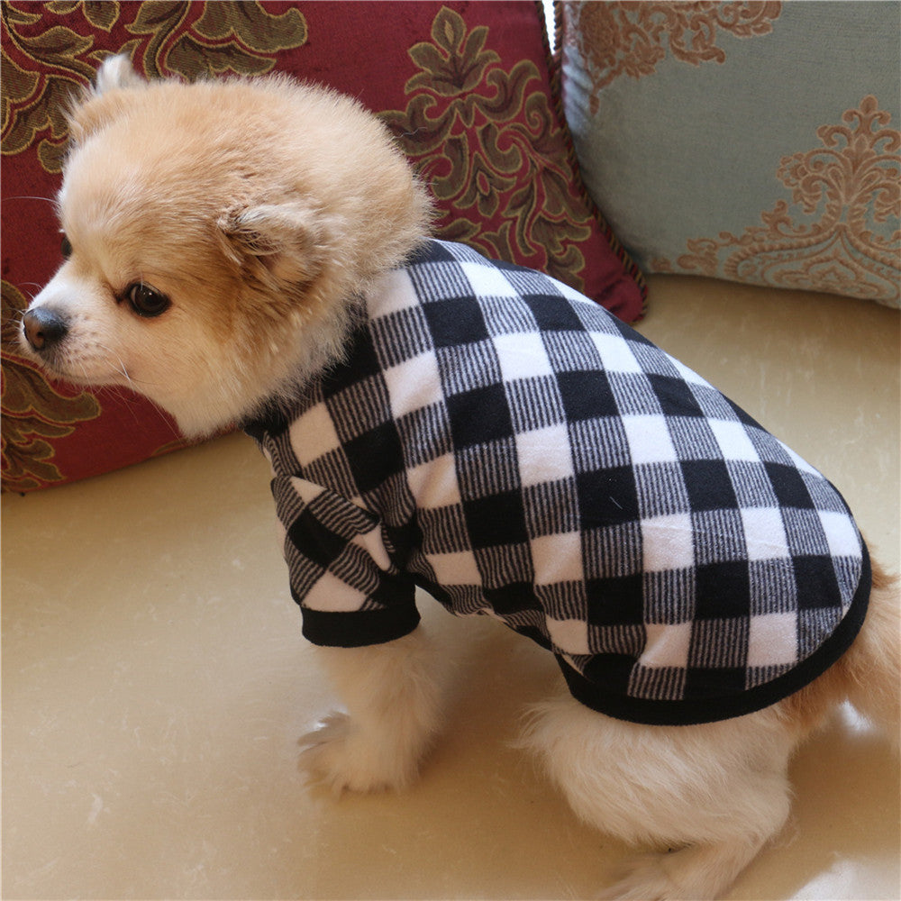 Chiot portant une veste en polaire à motif carreaux noir et blanc, idéal pour l'automne et l'hiver.