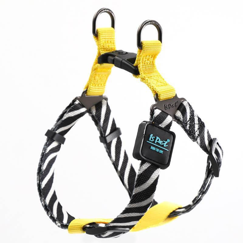 Harnais de poitrine avec boucle de verrouillage, confort et sécurité pour animaux de compagnie, design noir et jaune.