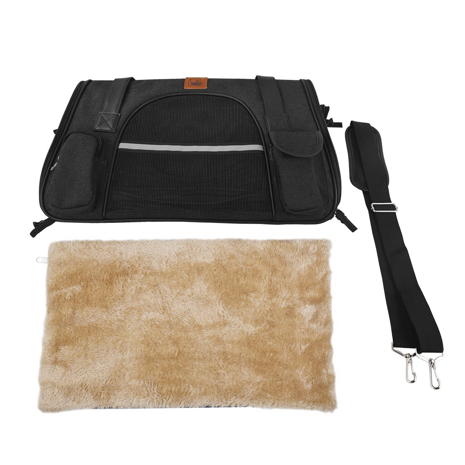Siège auto portable pour chiens, ensemble avec coussin doux et ceinture de sécurité, couleur noir.
