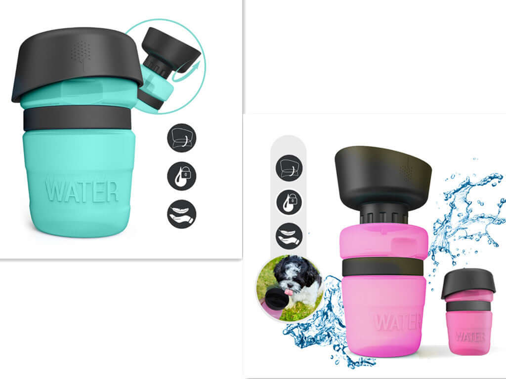 Bouteilles d'eau pétillante en silicone pour animaux, bleu ciel et rose, parfaites pour chiens et chats.