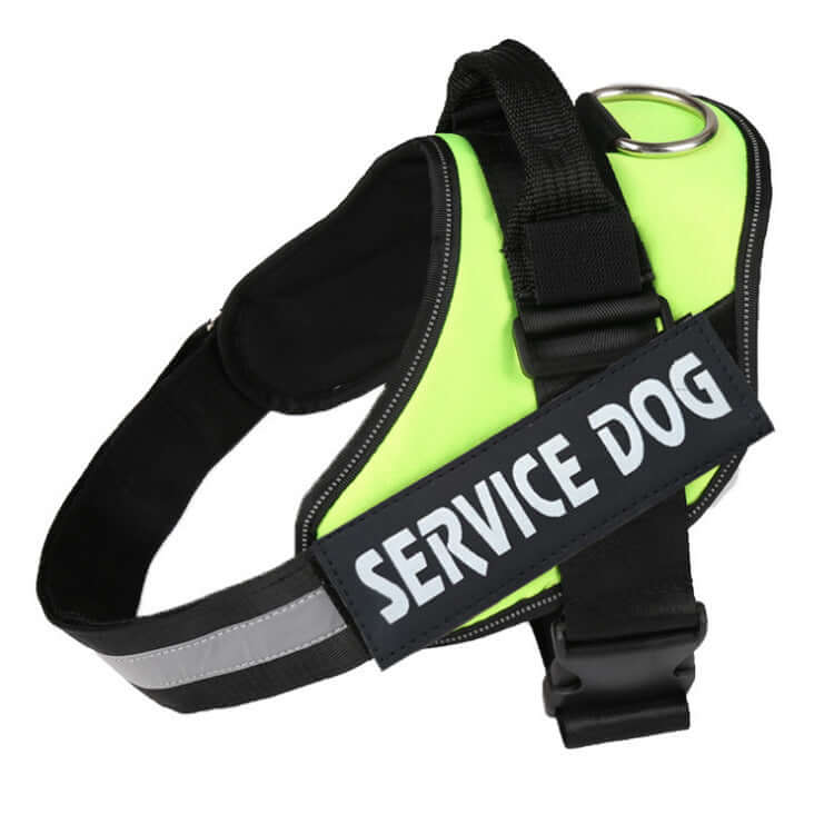 Reflective service dog harness in bright yellow with adjustable straps and stainless steel ring.
