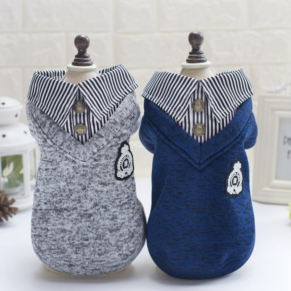 Hooded dog sweatshirt with striped collar in gray and blue, stylish and comfortable for pets.