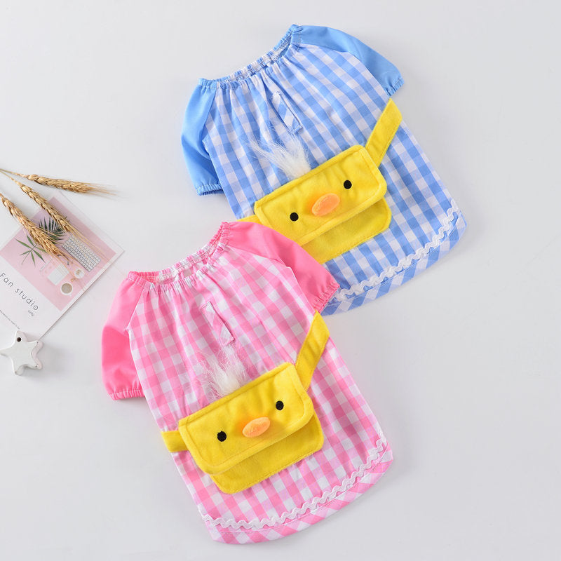 Vêtements pour chiens en coton doux, chemises à carreaux bleues et roses avec motif de canard.