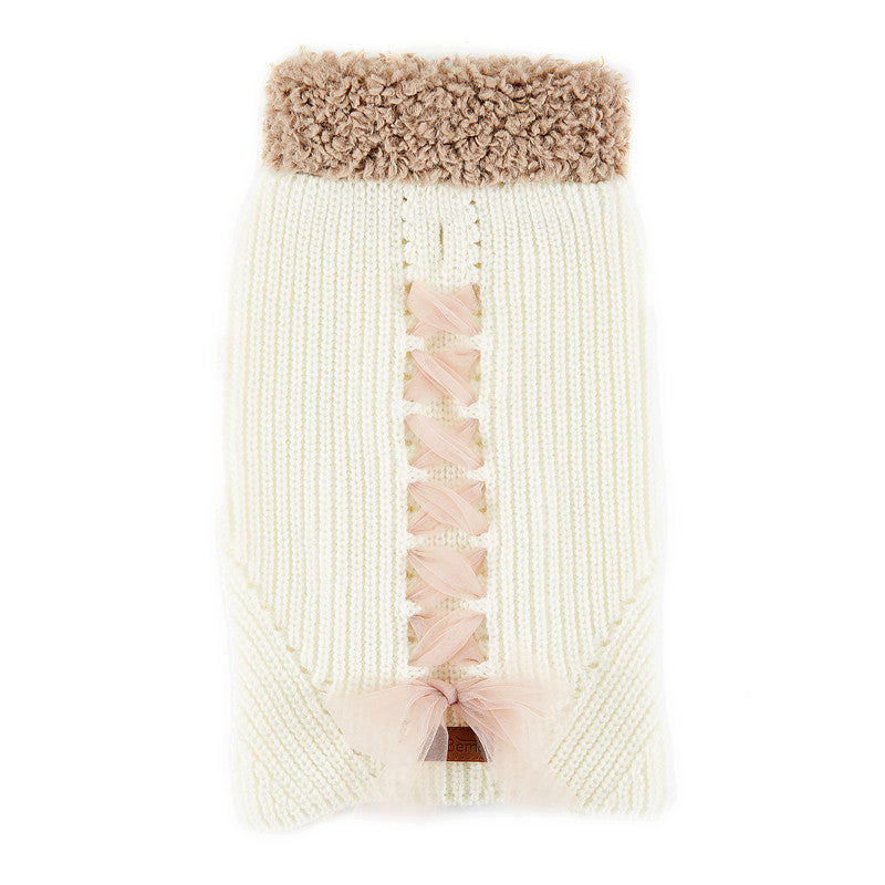Pull pour chien en laine avec nœud papillon, couleur crème, parfait pour l'automne et l'hiver.