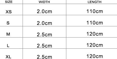Tableau des tailles pour ceinture de traction en tissu, indiquant largeur et longueur pour XS à XL.