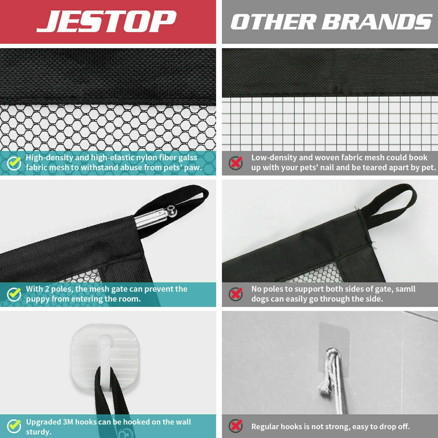 Comparative features of JESTOP portable pet safety barrier vs other brands, highlighting durability and design effectiveness.